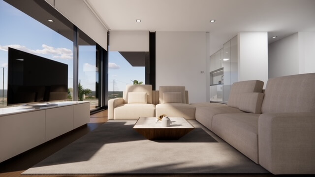 salon modern avec baie vitrée aménagement maison sud